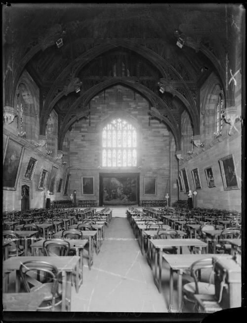 Great Hall at Sydney University filled with desks for exams, Sydney, ca. 1920s [picture]