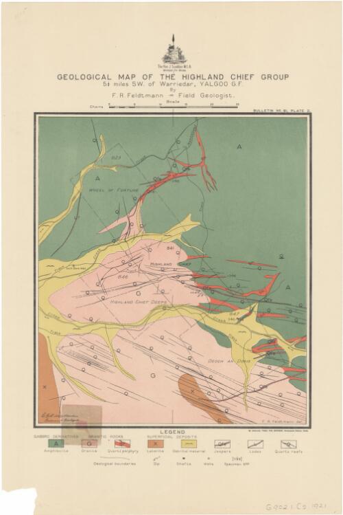 Geological map of the Highland Chief Group, 5 1/2 miles S.W. of Warriedar, Yalgoo G.F. [cartographic material] / F.R. Feldtmann