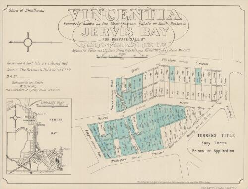 Vincentia Jervis Bay [cartographic material] : formerly known as the Deas-Thomson Estate or South Huskisson / for private sale by Reality Realizations Ltd., agents for vendor 153 Elizabeth St ... Sydney