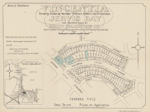 Vincentia Jervis Bay [cartographic material] : formerly known as the Deas-Thomson Estate or South Huskisson  / for private sale by Reality Realizations Ltd., agents for vendor 153 Elizabeth St ... Sydney
