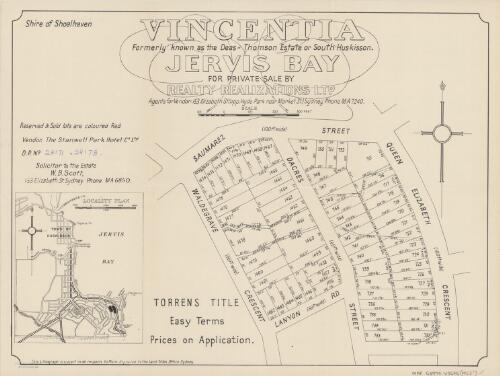 Vincentia Jervis Bay [cartographic material] : formerly known as the Deas-Thomson Estate or South Huskisson / for private sale by Reality Realizations Ltd., agents for vendor 153 Elizabeth St ... Sydney