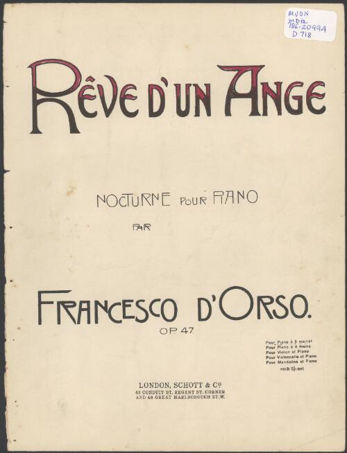 Rêve d'un ange, op. 47 [music] : nocturne pour piano / par Francesco D'Orso
