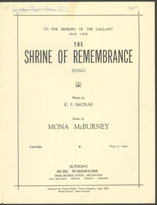 The shrine of remembrance [music] : song / words by K.F. McCrae ; music by Mona McBurney