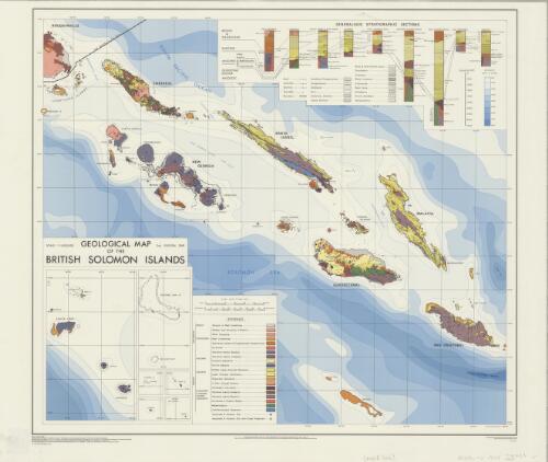 Geological map of the British Solomon Islands [cartographic material] / drawn and prepared for colour printing by J. B. Lai. Stratigraphical correlation by P. J. Coleman. Geology compiled from all available sources by the Dept. of Geological Surveys