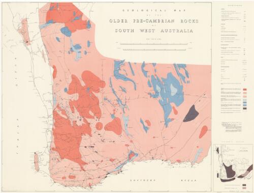 Geological map of the older Pre-Cambrian rocks of south west Australia [cartographic material] / compilation by A.F. Wilson ; cartography by the Survey Examinations and Drafting Branch of the Mines Department of Western Australia