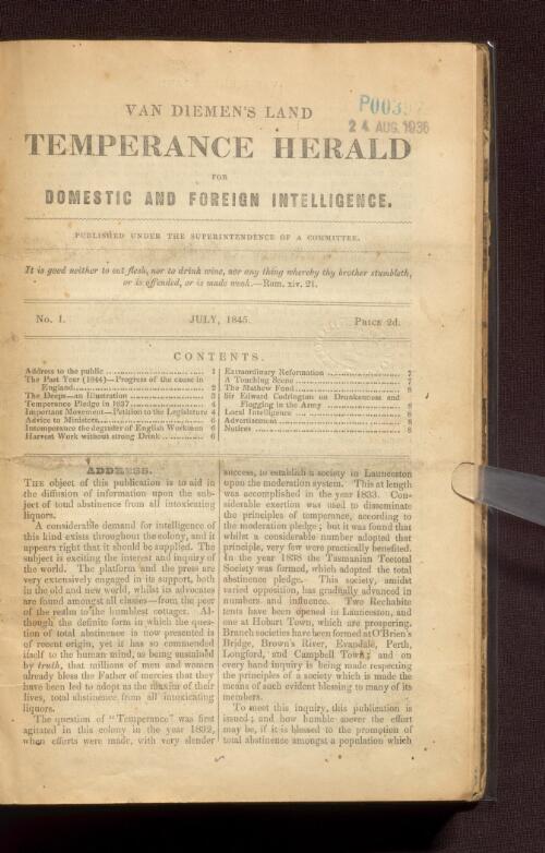 Van Diemen's Land temperance herald : for domestic and foreign intelligence