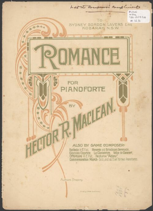 Romance [music] : for pianoforte / by Hector R. Maclean