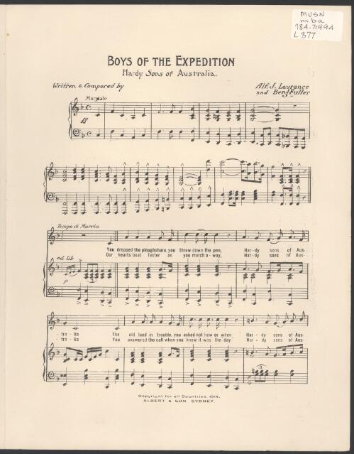 Boys of the expedition [music] : hardy sons of Australia / written & composed by Alf. J. Laurance and Ben. J. Fuller