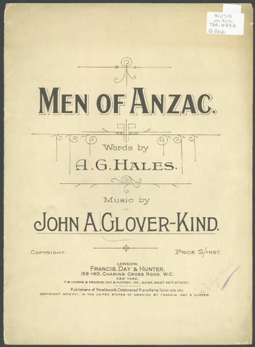 Men of Anzac [music] / words by A.G. Hales ; music by John A. Glover-Kind