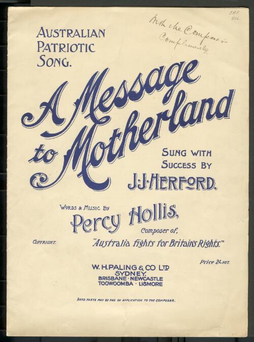 A message to motherland [music] / words & music by Percy Hollis