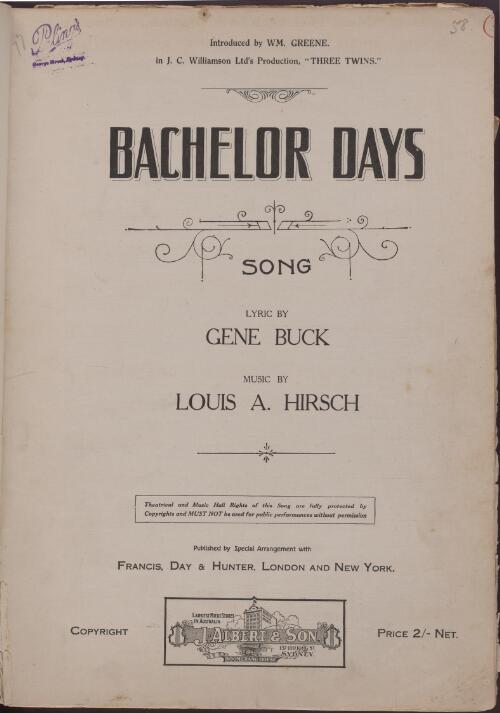 Bachelor days [music] : song / lyric by Gene Buck ; music by Louis A. Hirsch