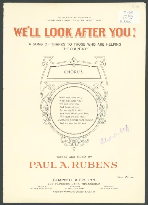 We'll look after you [music] : a song of thanks to those who are helping the country / words and music by Paul A. Rubens