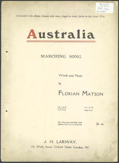 Australia [music] : marching song / words and music by Florian Matson