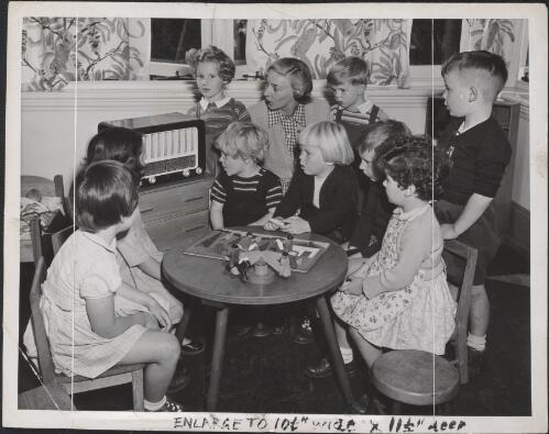 Children gathered to listen to the ABC National Kindergarten of the Air broadcast, 26 March 1952