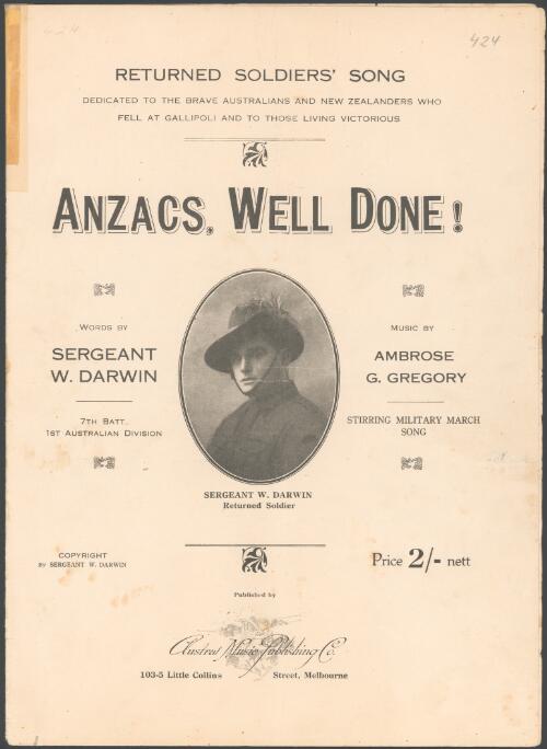 Anzacs, well done! [music] / words by Sergeant W. Darwin ; music by Ambrose G. Gregory