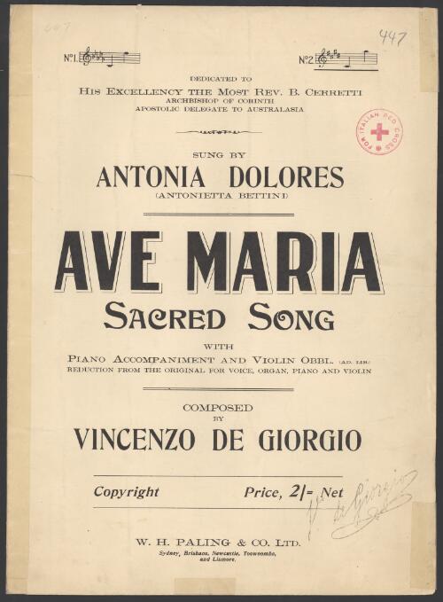 Ave Maria [music] : sacred song : with piano accompaniment and violin obbl. (ad.lib.) reduction from the original for voice, organ, piano and violin / composed by Vincenzo de Giorgio