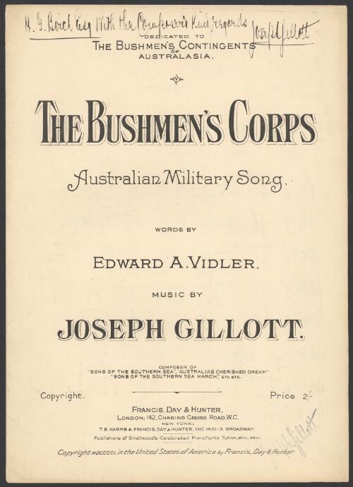 The Bushmen's Corps [music] : Australian military song / words by Edward A. Vidler ; music by Joseph Gillott