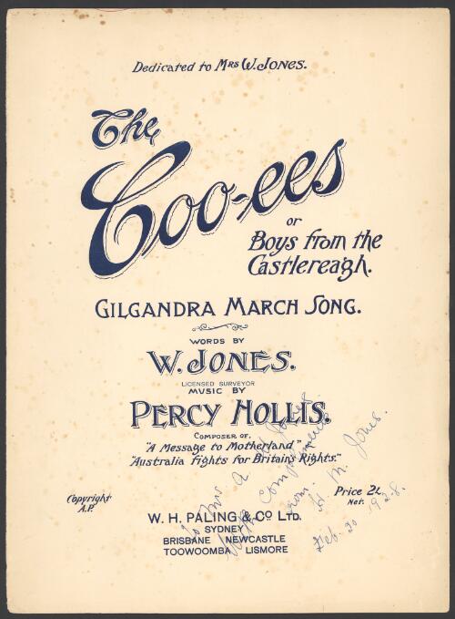 The coo-ees [music] : boys from Castlereagh / words by W. Jones ; music by Percy Hollis