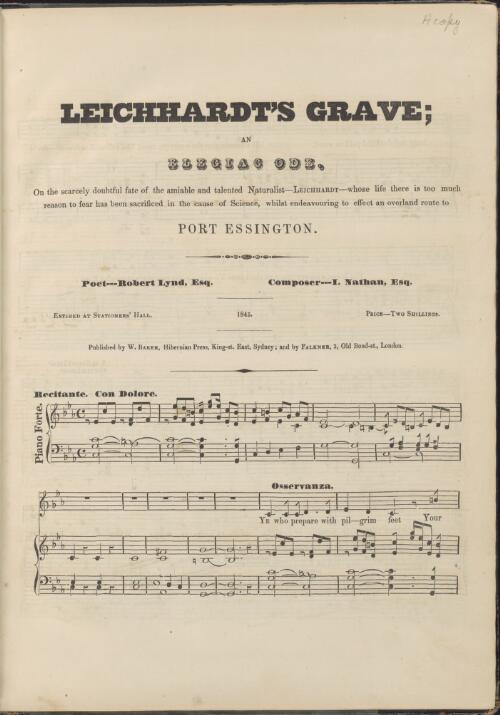 Leichhardt's grave [music] : an elegiac ode ... / poet Robert Lynd ; composer I. Nathan