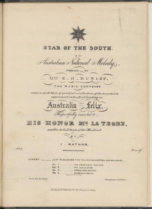 Star of the south [music] : an Australian national melody / written by Mrs. E.H. Dunlop ... ; the music composed by I. Nathan