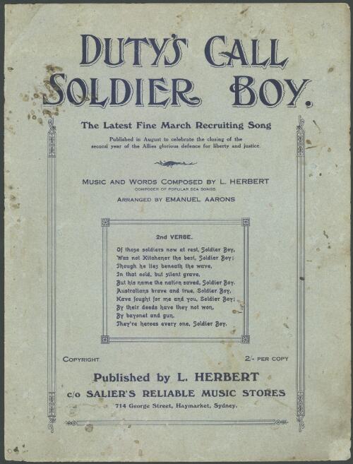 Duty's call soldier boy [music] / music and words composed by L. Herbert ; arranged by Emanuel Aarons