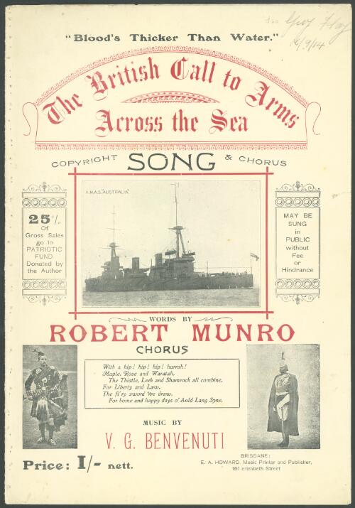 The British call to arms across the sea [music] : song & chorus / words by Robert Munro ; music by V.G. Benvenuti