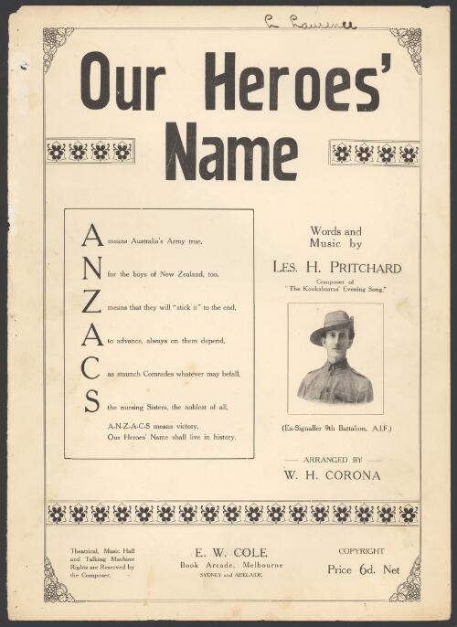 Our heroes' name [music] / words and music by Les H. Pritchard ; arranged by W.H. Corona