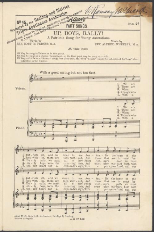 Up, boys, rally! [music] : a patriotic song for young Australians / words by Rbot. M. Fergus ; music by Alfred Wheeler