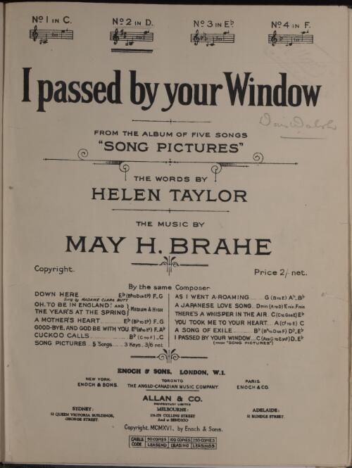 I passed by your window ... [music] / the words by Helen Taylor ; the music by May H. Brahe