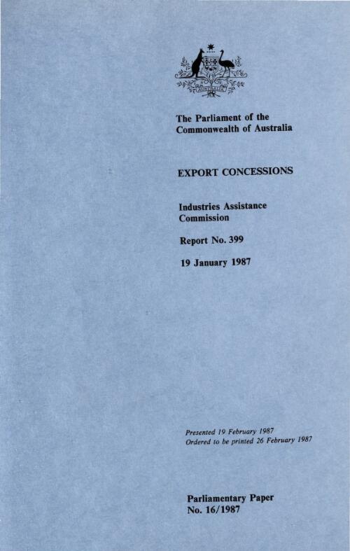 Export concessions : report no. 399, 19 January 1987 : /Industries Assistance Commission