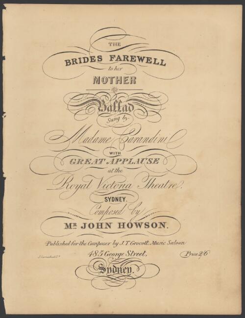 The brides farewell to her mother [music] : ballad / composed by John Howson
