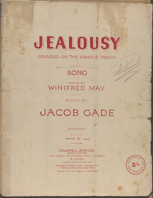 Jealousy [music] : song / words by Winifred May ; music by Jacob Gade
