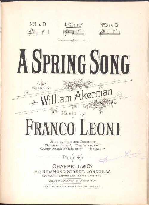 A spring song [music] / words by William Akerman ; music by Franco Leoni