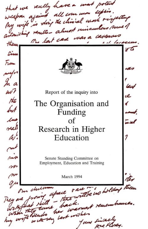Report of the inquiry into the organisation and funding of research in higher education / report by the Senate Standing Committee on Employment, Education and Training