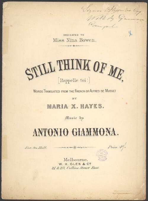 Still think of me [music] = Rappelle-toi / words translated from the French of Alfred de Musset by Maria X. Hayes ; music by Antonio Giammona
