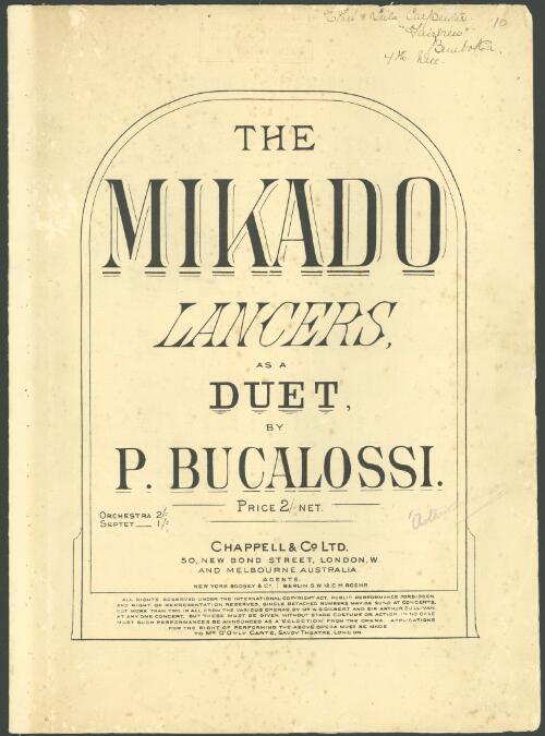The Mikado lancers [music] : as a duet / by P. Bucalossi ; [duett [arr.] by Henry Tinney]