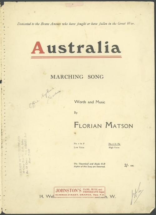 Australia [music] : marching song / words and music by Florian Matson