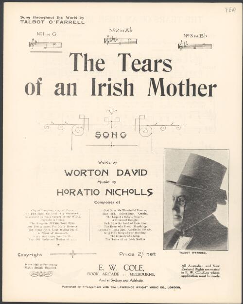 The tears of an Irish mother [music] / words by Worton David ; music by Horatio Nicholls