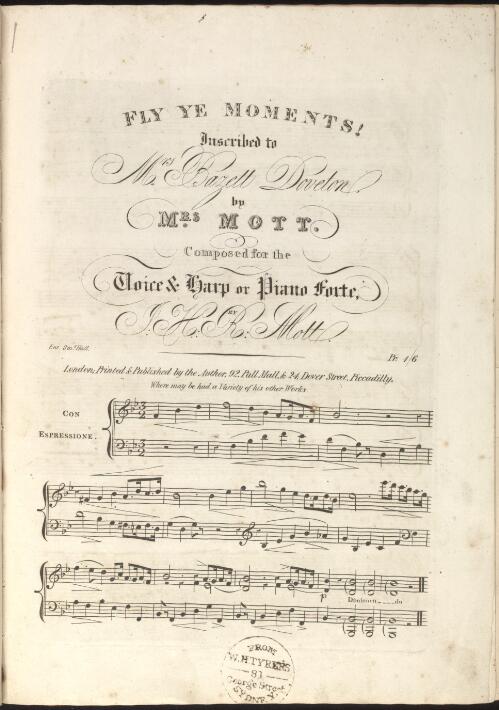 Fly ye moments! [music] / composed for the voice and harp or piano forte by I.H.R. Mott