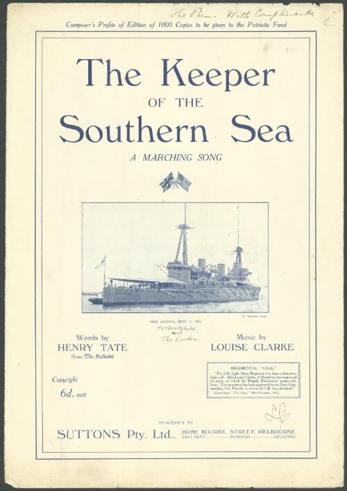 The keeper of the southern sea [music] : a marching song / words by Henry Tate ; music by Louise Clarke