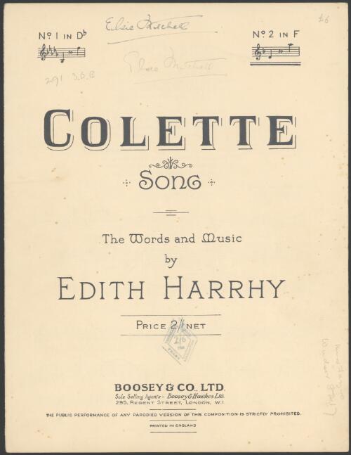 Colette [music] / words and music by Edith Harrhy
