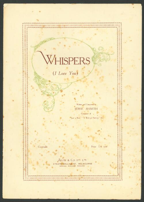 Whispers (I love you) [music] : song / written and composed by Jessie Shmith