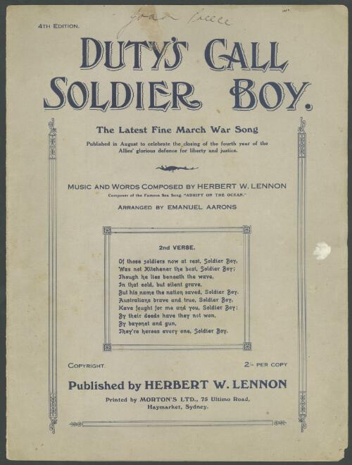 Duty's call soldier boy [music] / music and words composed by Herbert W. Lennon ; arr. by Emanuel Aarons