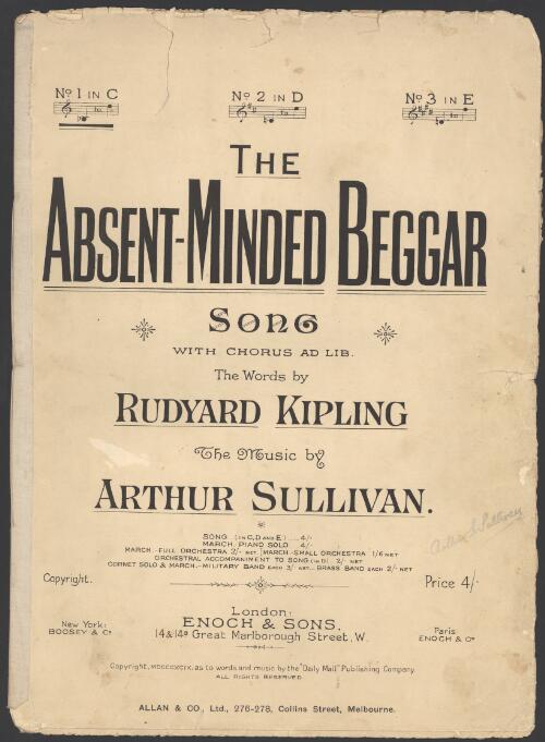 The absent-minded beggar [music] : song with chorus ad lib. / the words by Rudyard Kipling ; the music by Arthur Sullivan