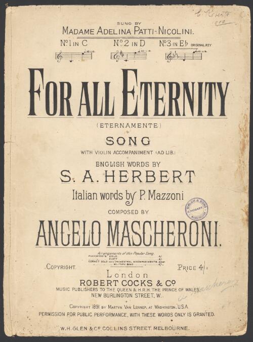For all eternity [music] : "Eternamente" : song / English words by S.A. Herbert ; Italian words by P. Mazznoi ; composed by Angelo Mascheroni