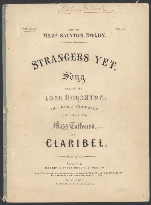 Strangers yet [music] : song / words by Lord Houghton ; the music composed ... by Claribel