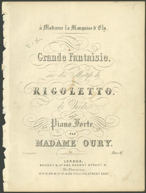 Grande fantaisie sur des motifs de Rigoletto de Verdi [music] : pour le piano forte / par Madame Oury