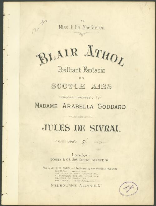 Blair Athol [music] : brilliant fantasia on Scotch airs / composed ... by Jules De Sivrai