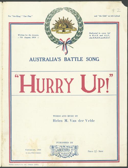 Hurry up! [music] : Australia's battle song / words and music by Helen M. Van der Velde