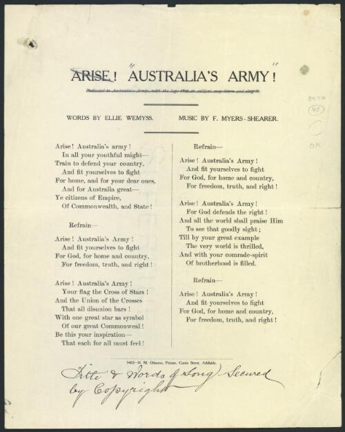 Australia's army [music] / words by Ellie Wemyss ; music by F. Myers-Shearer